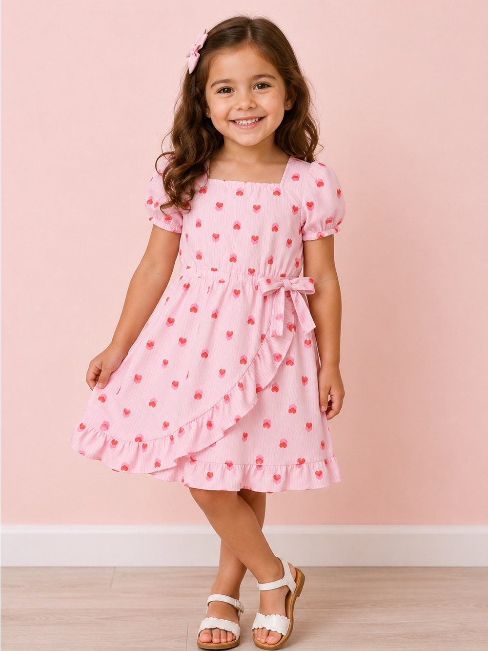 Emma and Elsa Girls' Pink Heart Print Wrap Dress
